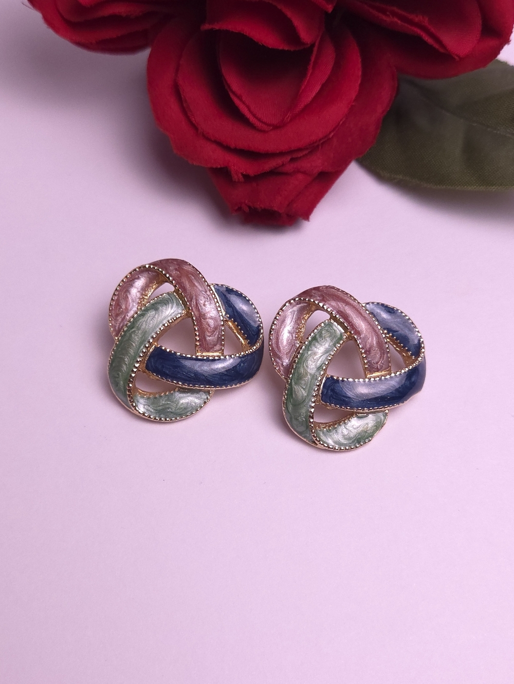 Vintage Pink Blue & Green Metallic Swirl Knot Gold Plated Earrings Retro